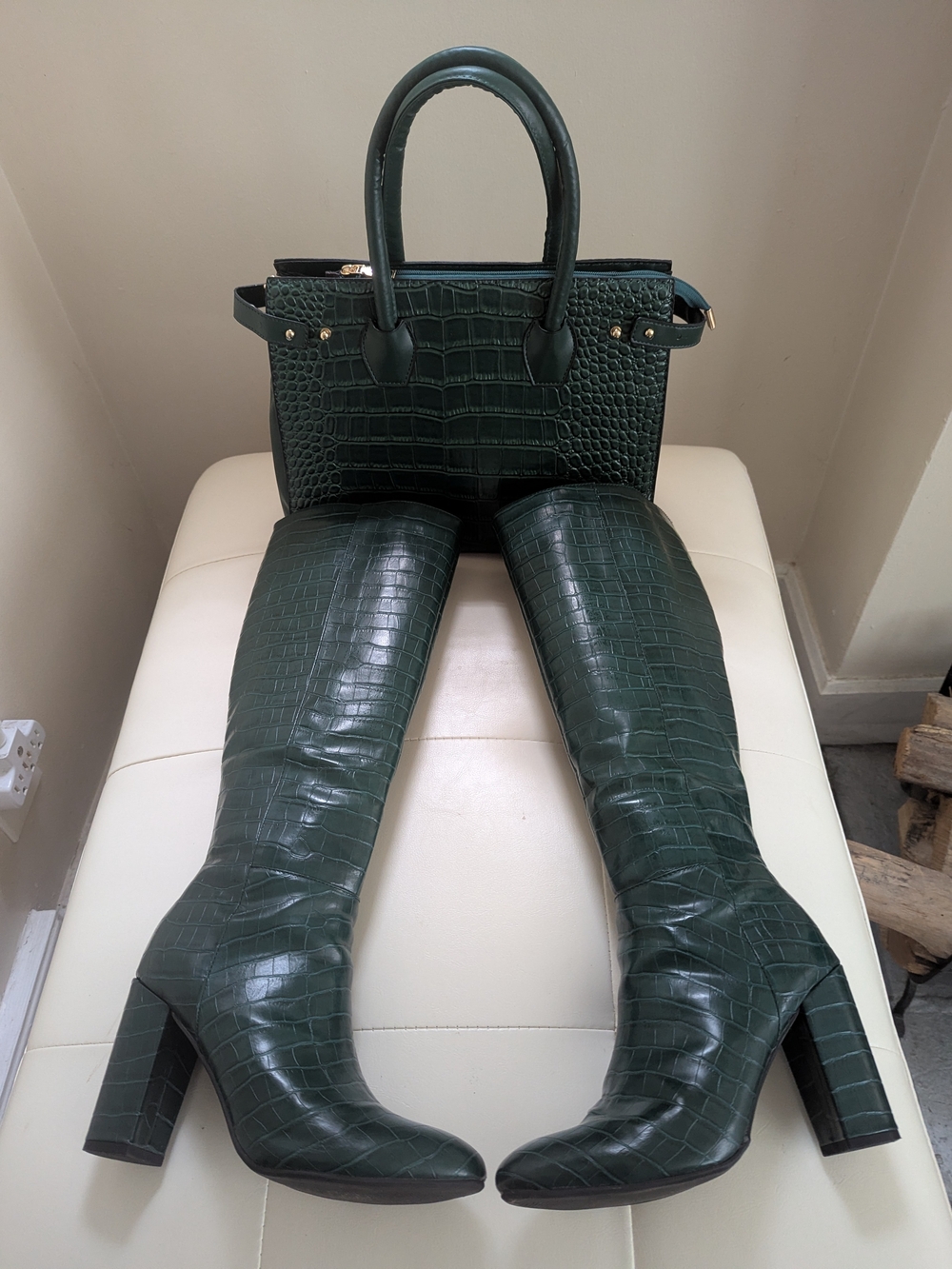 Dark Green Croc-Embossed Knee Boots - Womens